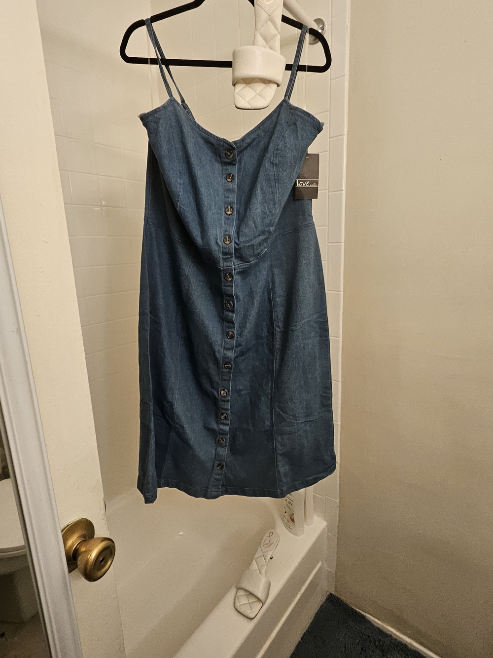 Rainbow Denim Button-Front Mini Dress in Blue